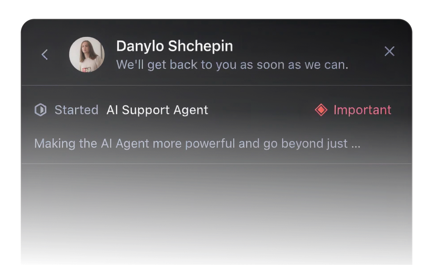 Support request marked Important, started with the AI Support Agent